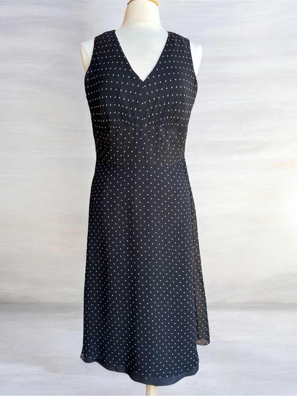 Talbots Petites 14 Black White Polka Dot Sleeveless Midi Dress